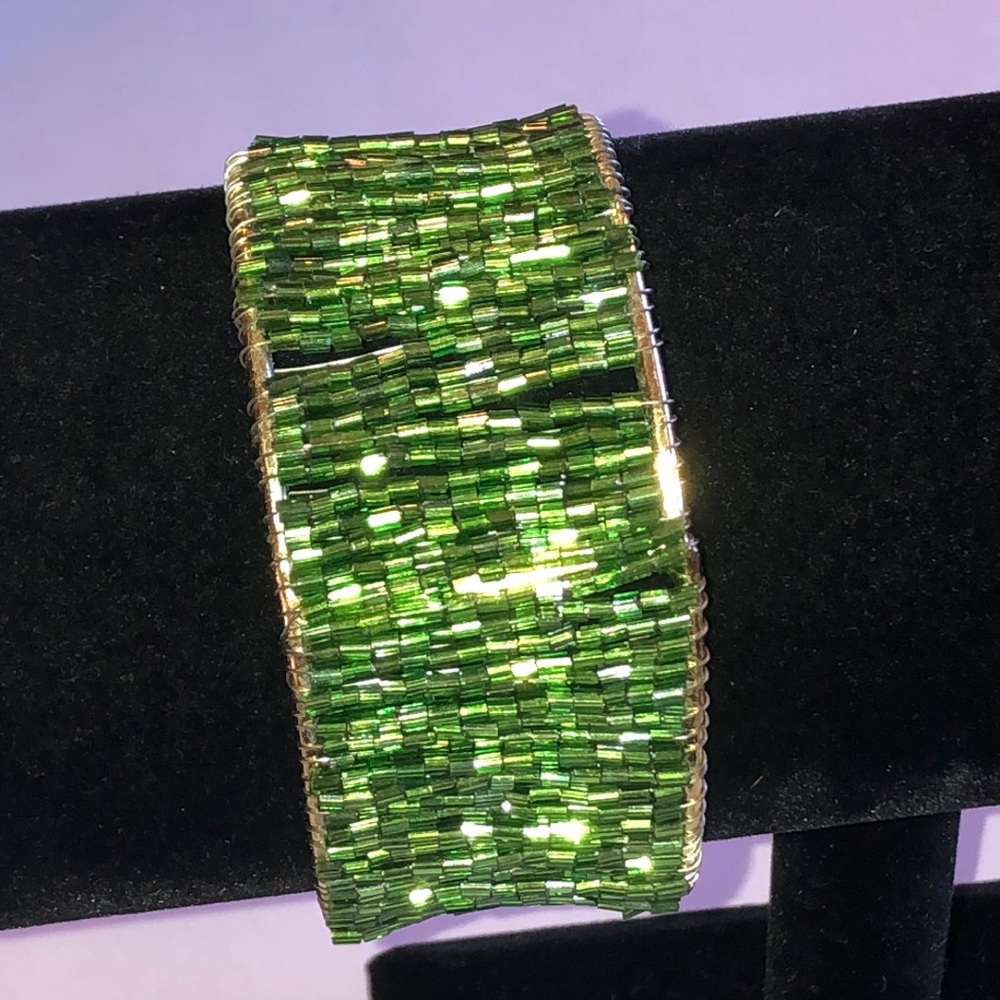 Green Beaded Boho Wide Cuff Bracelet